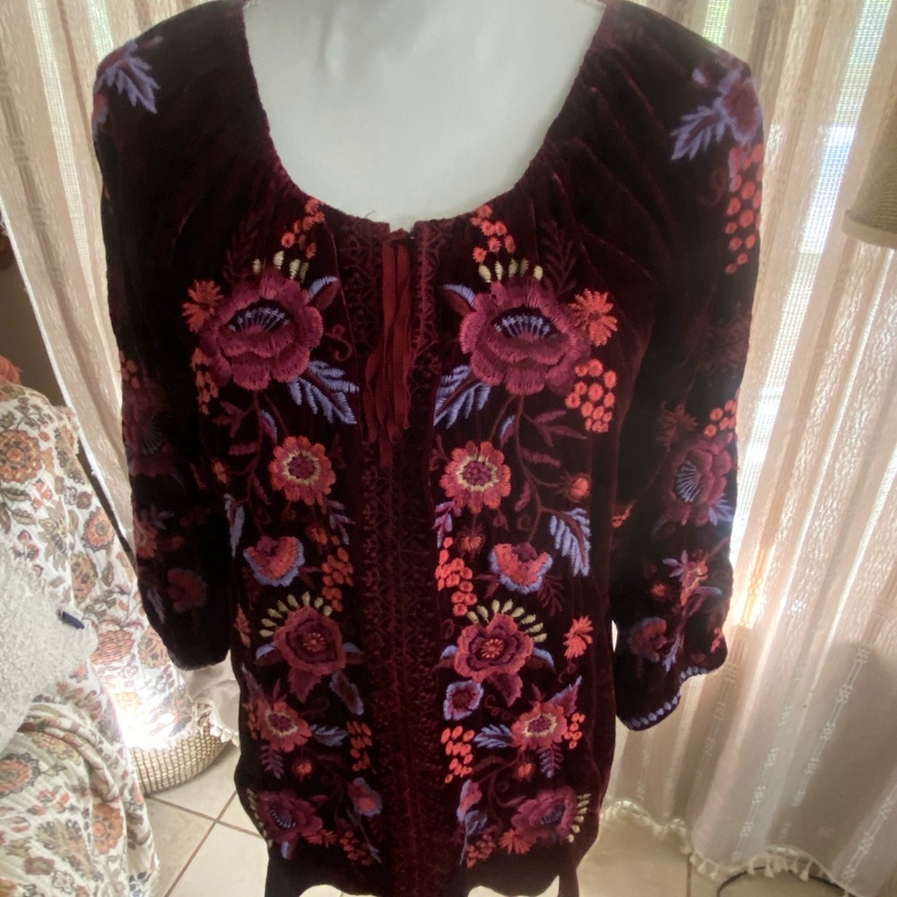Johnny Was Los Angeles Floral Embroidered Velvet Blouse in Deep Burgundy